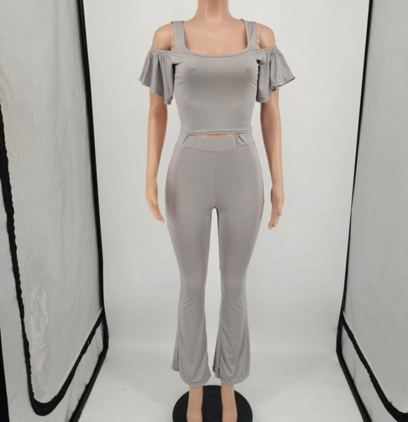 Women Solid Color Ruffled Short Sleeve Crop Two Piece Pant Set