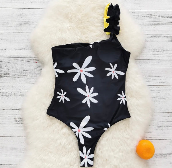 Women Sexy Black Floral Print One Shoulder Swimsuit Cover Up Set