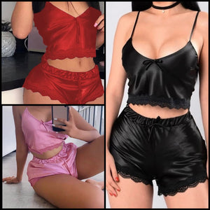 Women Sexy Sleeveless Satin Lace Patchwork Lingerie Short Set