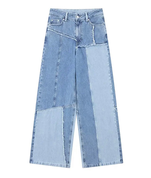 Women Fashion Color Patchwork Denim Two Piece Jacket Pant Set