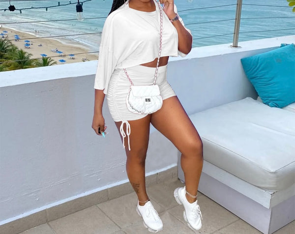 Women Short Sleeve Tie Up Drawstring Two Piece Short Set