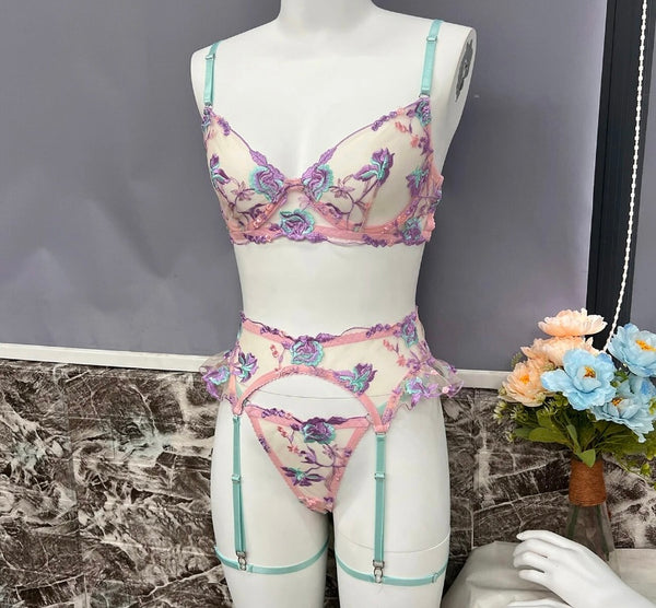 Women Mesh Floral Sexy Lingerie Set