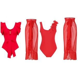 Women Sexy Red Ruffled Swimsuit Mesh Cover Up Set