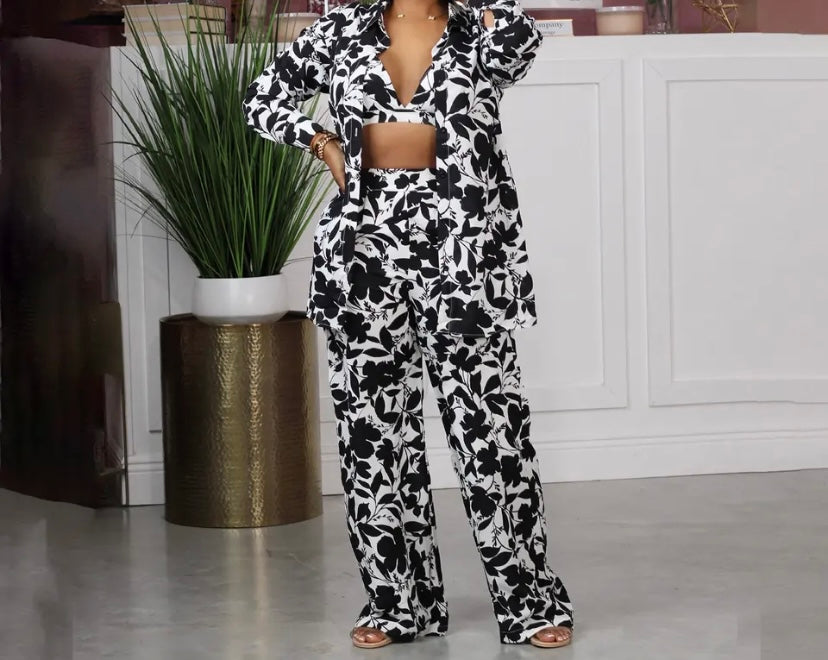 Women Fashion Floral Print Three Piece Pant Set