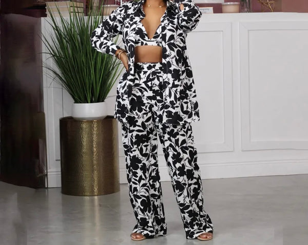 Women Fashion Floral Print Three Piece Pant Set