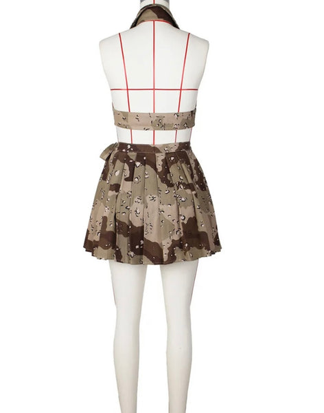 Women Halter Tie Up Crop Camouflage Two Piece Pleated Skirt Set