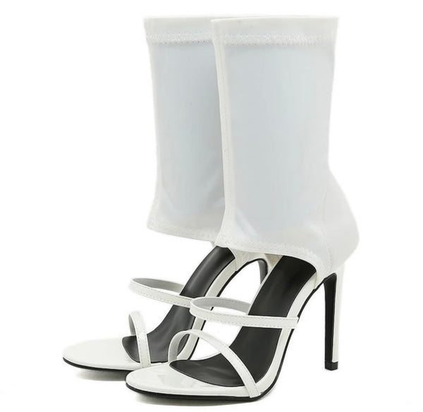 Women Open Toe Black/White High Heel Fashion Ankle Boots