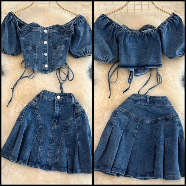 Women Button Up Short Sleeve Crop Two Piece Fashion Denim Pleated Skirt Set