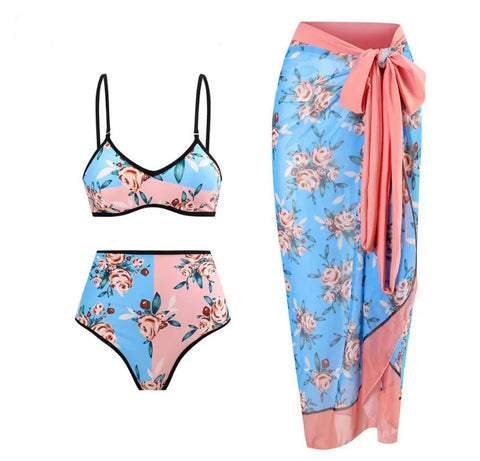 Women Color Patchwork Floral Sexy Bikini Cover Up Set