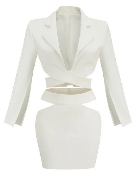 Women White Sexy Criss Cross Blazer Two Piece Skirt Set