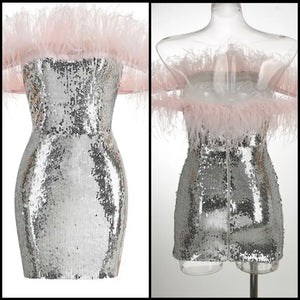 Women Sexy Feather Strapless Sequins Dress