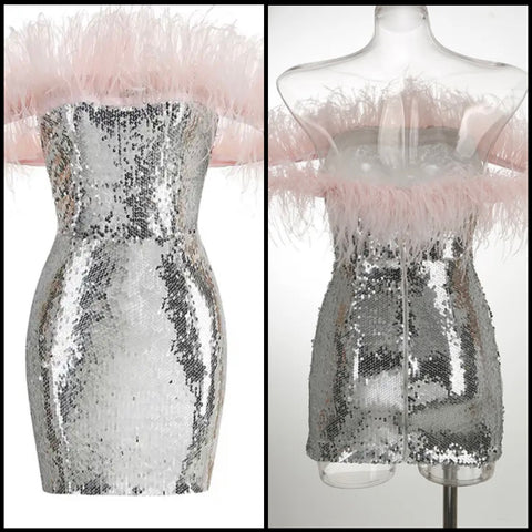 Women Sexy Feather Strapless Sequins Dress