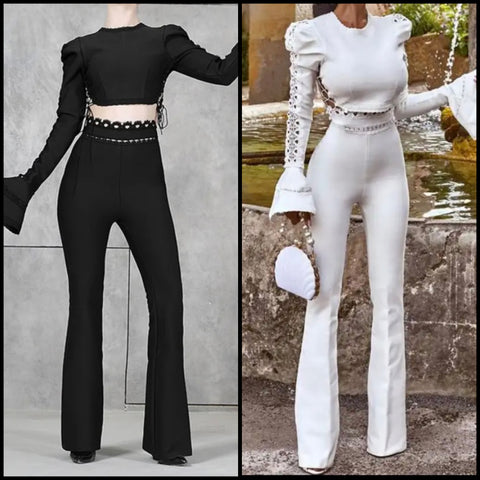 Women Sexy Full Flare Sleeve Lace Patchwork Lace Up Two Piece Pant Set