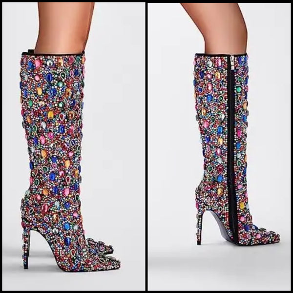 Women Pointed Toe Crystal Gem Knee High Boots