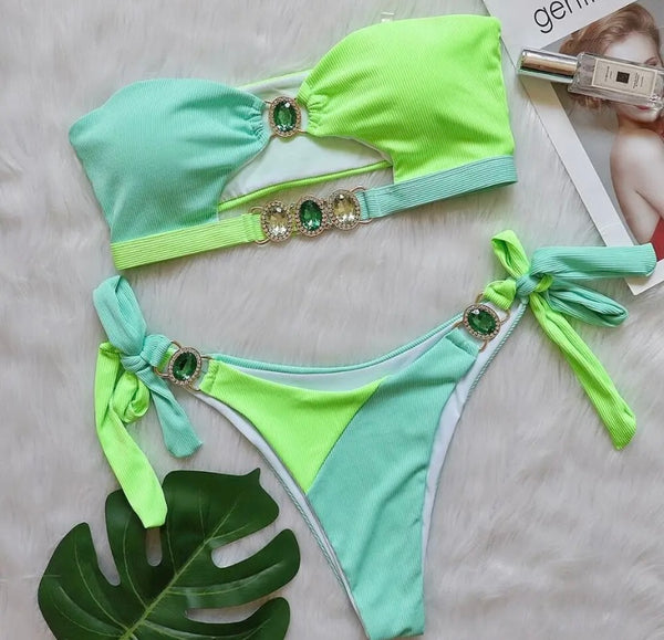 Women Sexy Strapless Color Patchwork Gem Cut Out Bikini Swimsuit