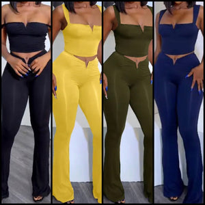 Women Solid Color Sleeveless Crop Two Piece Pant Set