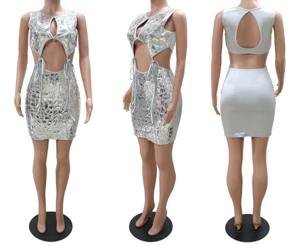 Women Silver Sexy Sleeveless Tie Up Dress