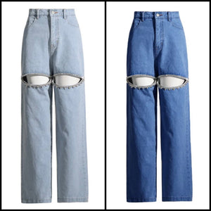 Women Fashion Cut Out Rhinestone Patchwork Denim Pants