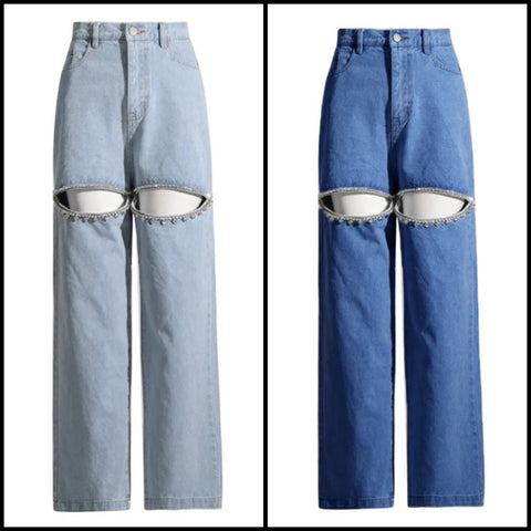 Women Fashion Cut Out Rhinestone Patchwork Denim Pants