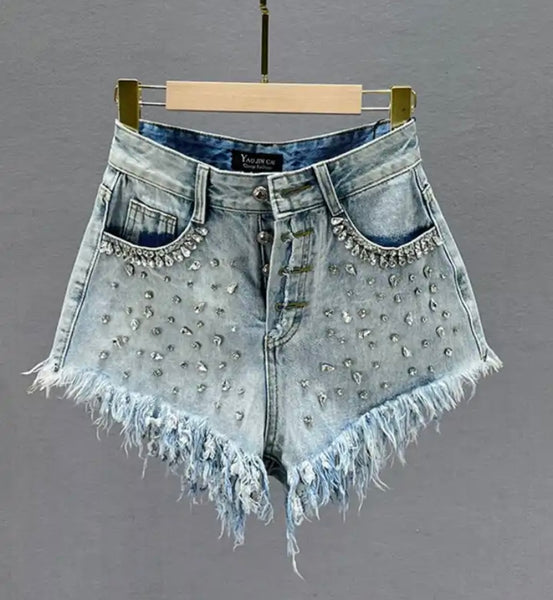 Women Fashion Fringe Rhinestone Patchwork Denim Shorts
