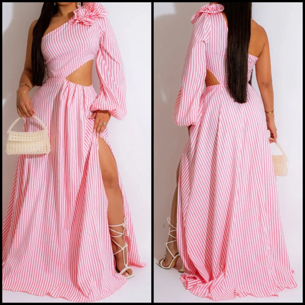 Women Striped Sexy One Shoulder Cut Out Maxi Dress