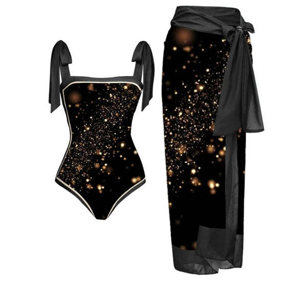 Women Sexy Black Printed Tie Up Swimsuit Cover Up Set