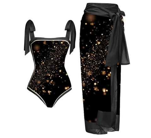 Women Sexy Black Printed Tie Up Swimsuit Cover Up Set