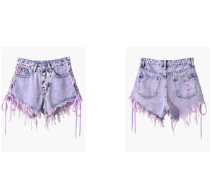 Women Purple Lace Up Fringe Fashion Denim Shorts