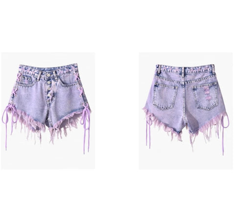 Women Purple Lace Up Fringe Fashion Denim Shorts