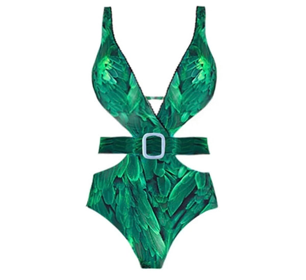 Women Sexy Green Printed Buckled Swimsuit Cover Up Set