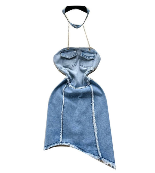 Women Sexy Chain Halter Denim Dress