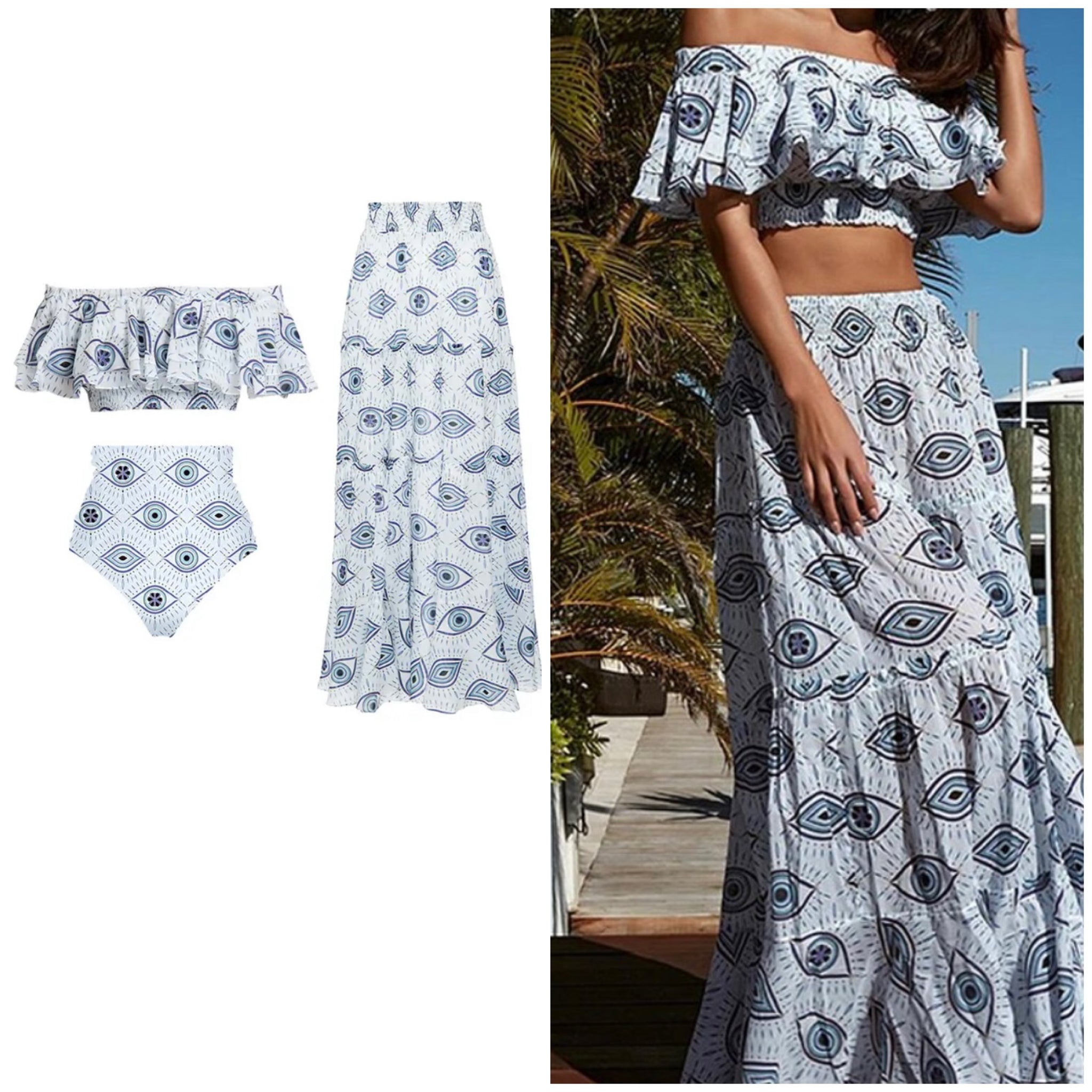 Women Ruffled Off The Shoulder Printed Bikini Cover Up Set