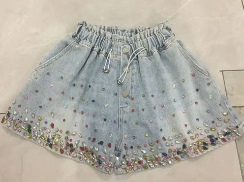 Women Drawstring Fashion Gem Denim Shorts