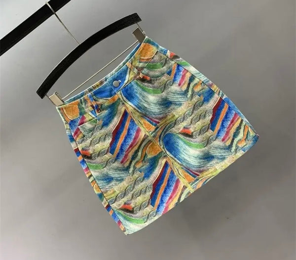 Women Colorful Print Fashion Denim Skirt