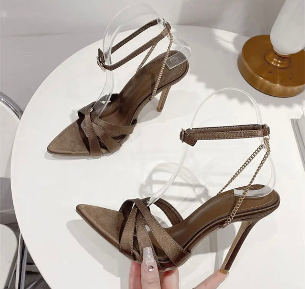 Women Pointed Toe High Heel Chain Ankle Strap Sandals