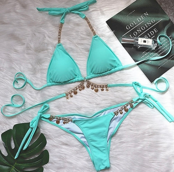 Women Sexy Criss Cross Tassel Bikini Swimsuit