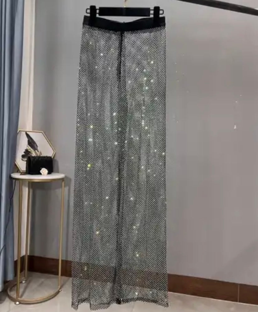 Women Fashion Rhinestone Mesh Pants