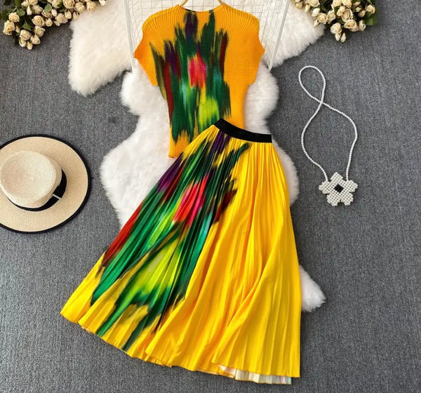 Women Printed Short Sleeve Two Piece Pleated Maxi Skirt Set