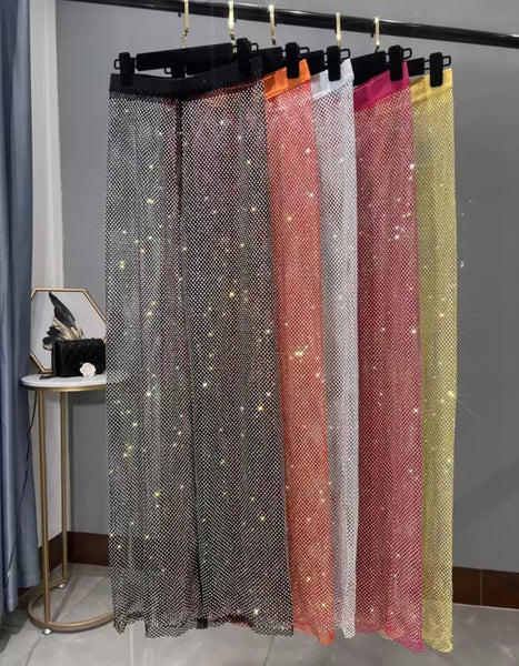 Women Fashion Rhinestone Mesh Pants