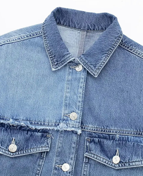 Women Fashion Color Patchwork Denim Two Piece Jacket Pant Set