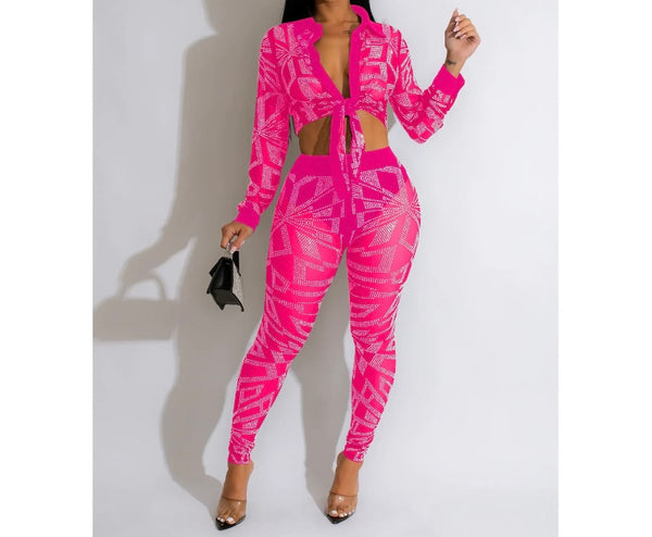 Women Full Sleeve Bling Mesh Button Up Two Piece Pant Set