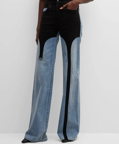 Women Fashion Color Patchwork Denim Pants