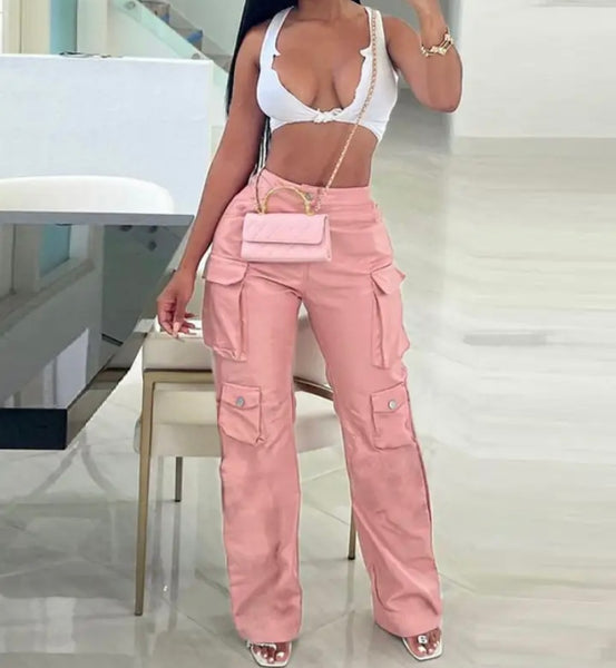 Women Fashion Pocket PU Pants