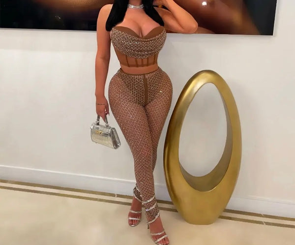 Women Sexy See Through Sleeveless Bling Two Piece Pant Set