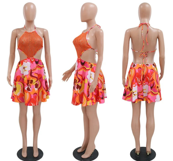 Women Sexy Lace Patchwork Halter Colorful Dress