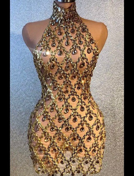 Women Sexy Sleeveless Beaded Crystal Dress