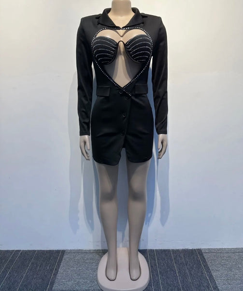 Women Full Sleeve Heart Cut Out Bling Blazer Sexy Dress