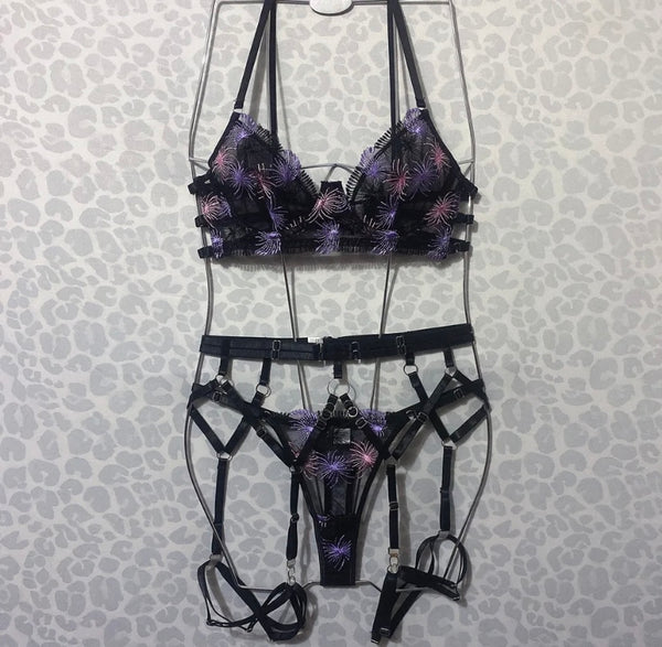 Women Black Mesh Printed Sexy Lingerie Set