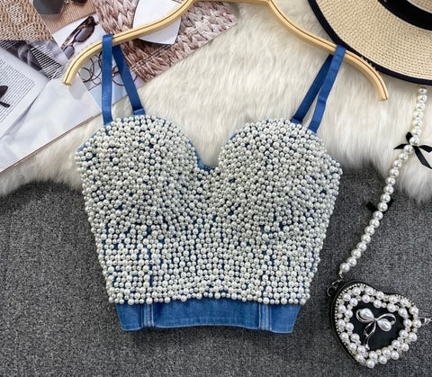 Women Sleeveless Fashion Sexy Pearl Denim Crop Top