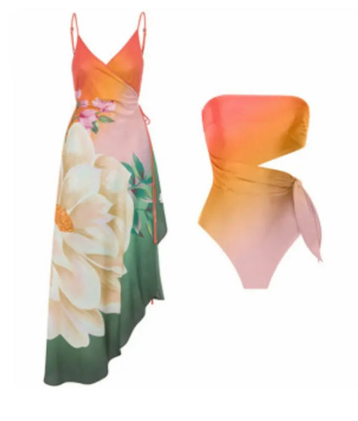 Women Sexy Strapless Gradient Swimsuit Cover Up Set